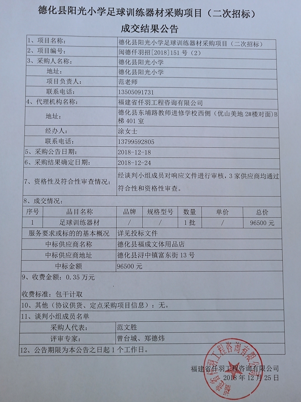 德化县阳光小学足球训练器材采购项目（二次招标）成交结果公告 - 憨鼠网