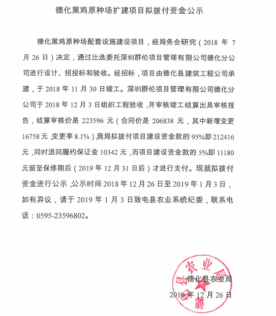 德化黑鸡原种场扩建项目拟拨付资金公示 - 憨鼠网