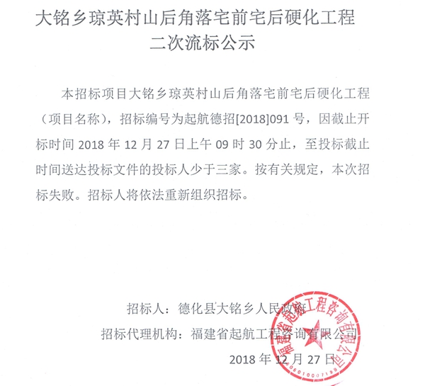 大铭乡琼英村山后角落宅前宅后硬化工程二次流标公示 - 憨鼠网