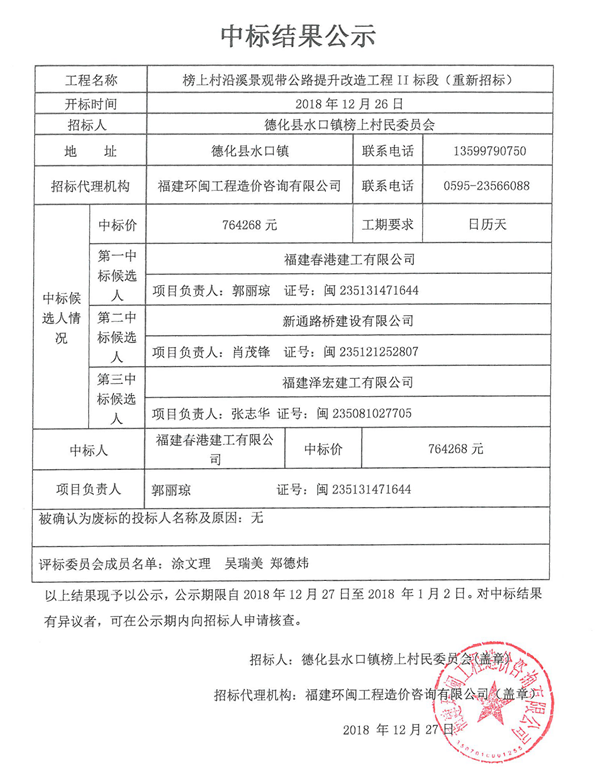榜上村沿溪景观带公路提升改造工程II标段（重新招标）中标结果公示 - 憨鼠网