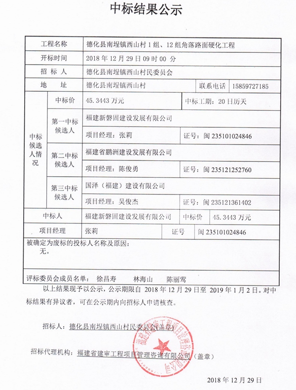 南埕镇西山村1组、12组角落路面硬化工程中标结果公示 - 憨鼠网