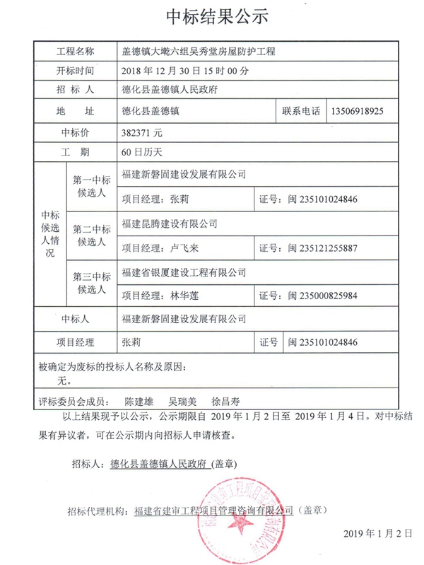 盖德镇大墘六组吴秀堂房屋防护工程中标结果公示 - 憨鼠网