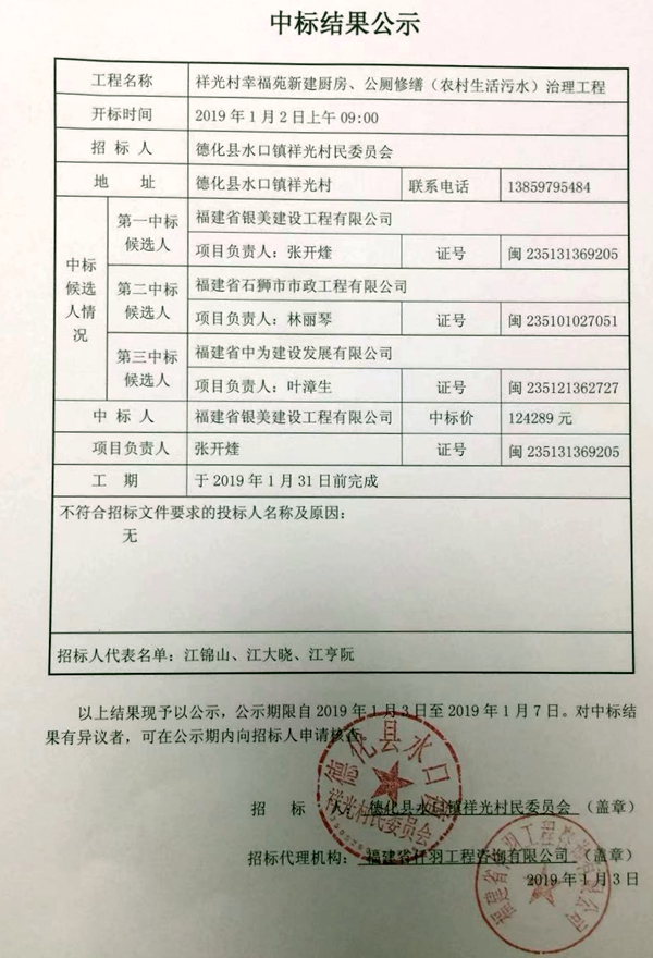 祥光村幸福苑新建厨房、公厕修缮（农村生活污水）治理工程中标结果公示 - 憨鼠网