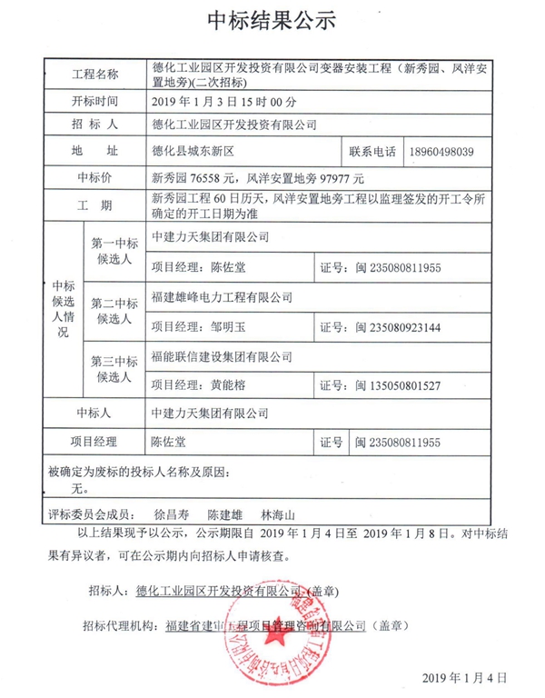 德化工业园区开发投资有限公司变器安装工程（新秀园、凤洋安置地旁）中标结果公示 - 憨鼠网
