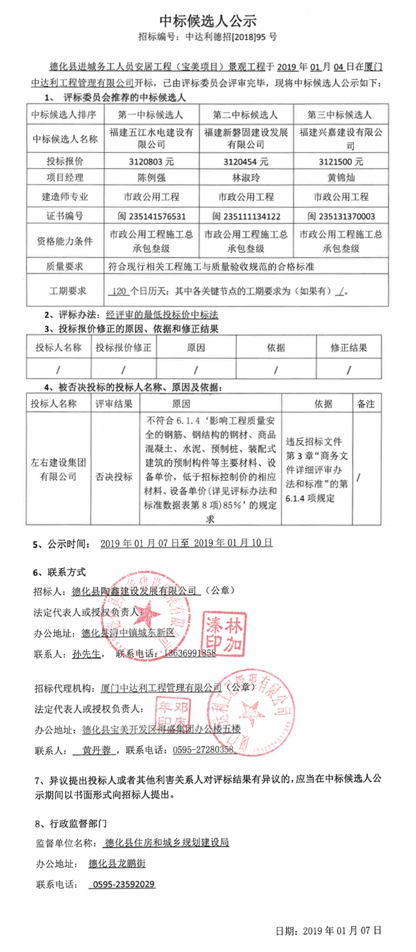 德化县进城务工人员安居工程（宝美项目）景观工程中标候选人公示 - 憨鼠网