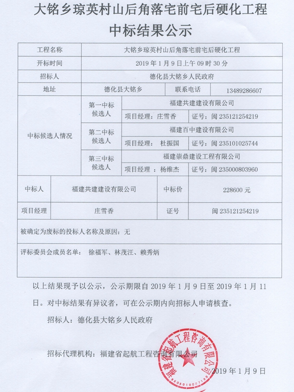 大铭乡琼英村山后角落宅前宅后硬化工程中标结果公示 - 憨鼠网