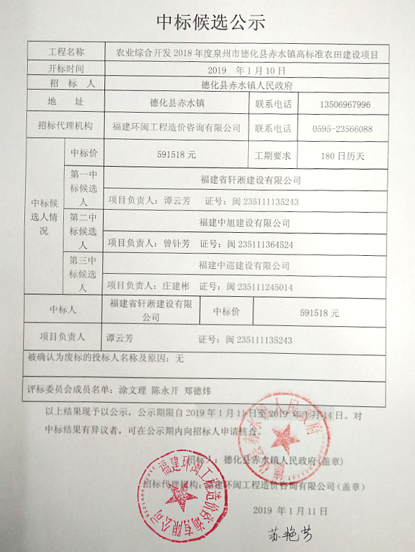 农业综合开发2018年度泉州市德化县赤水镇高标准农田建设项目中标候选公示 - 憨鼠网