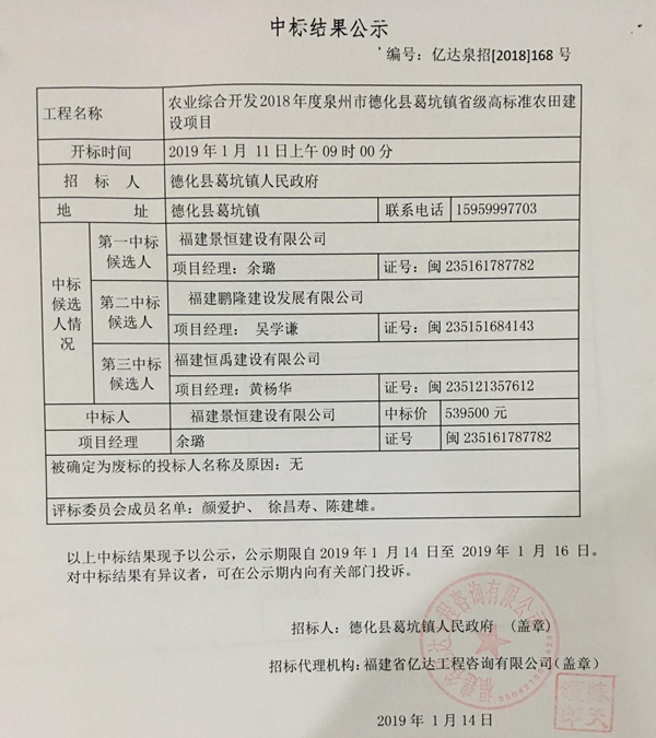 农业综合开发2018年度泉州市德化县葛坑镇省级高标准农田建设项目中标结果公示 - 憨鼠网