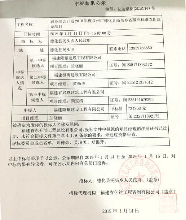 农业综合开发2018年度泉州市德化县汤头乡省级高标准农田建设项目中标结果公示 - 憨鼠网