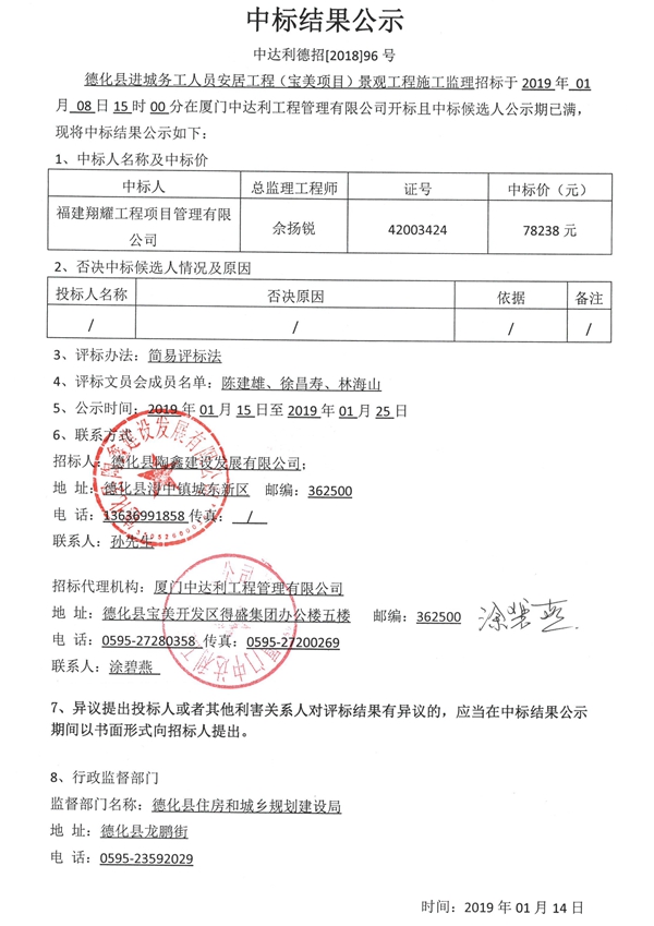 德化县进城务工人员安居工程（宝美项目）景观工程施工监理中标结果公示 - 憨鼠网