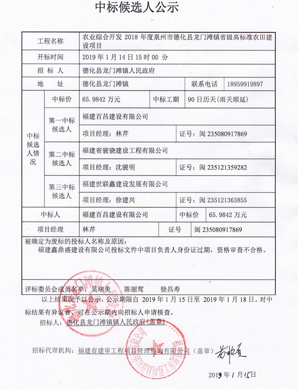 农业综合开发2018年度泉州市德化县龙门滩镇省级高标准农田建设项目中标候选人公示 - 憨鼠网