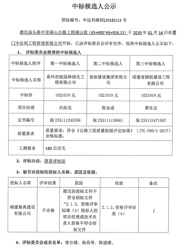 德化汤头格中至福山公路工程福山段（K5+600～K6+916.13）中标候选人公示 - 憨鼠网