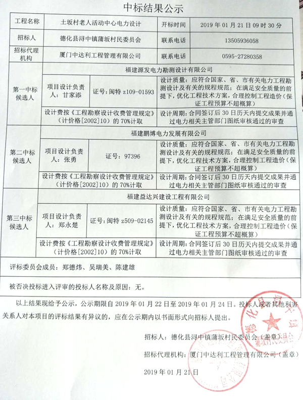 土坂村老人活动中心电力设计中标结果公示 - 憨鼠网