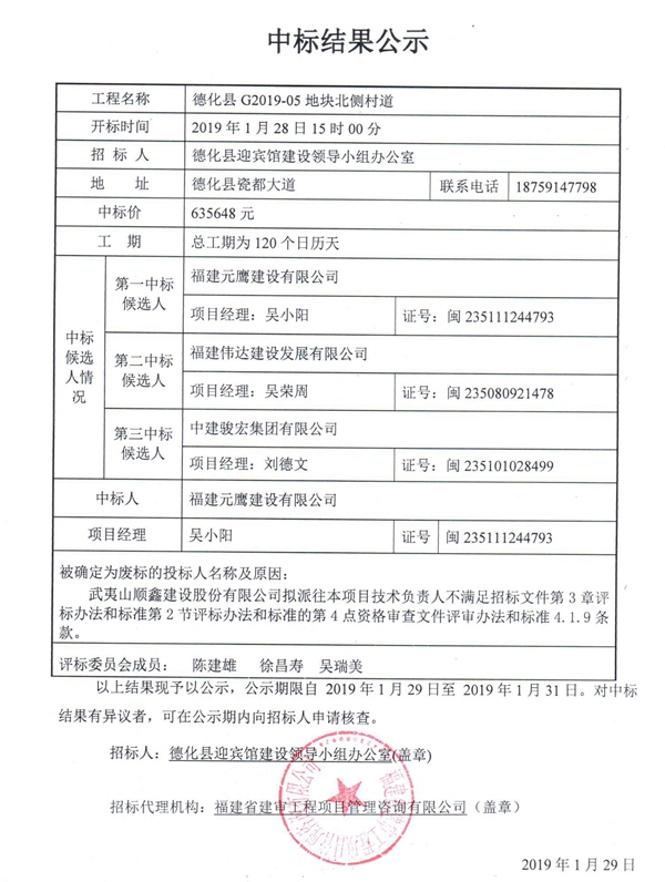 德化县G2019-05地块北侧村道中标结果公示 - 憨鼠网