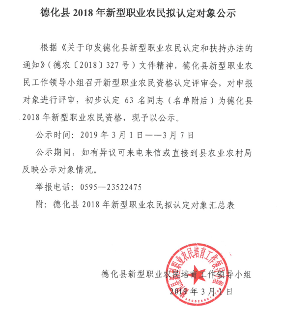 德化县2018年新型职业农民拟认定对象公示 - 憨鼠网