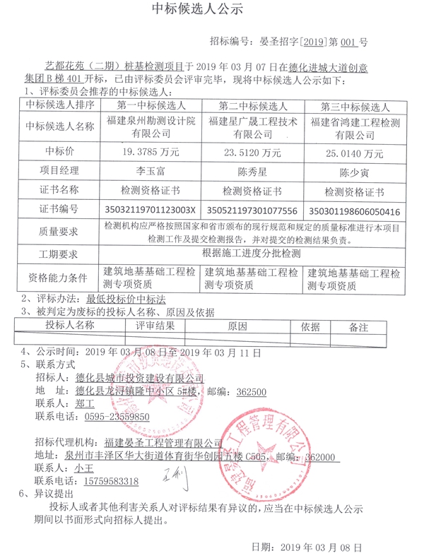 艺都花苑（二期）桩基检测项目中标候选人公示 - 憨鼠网