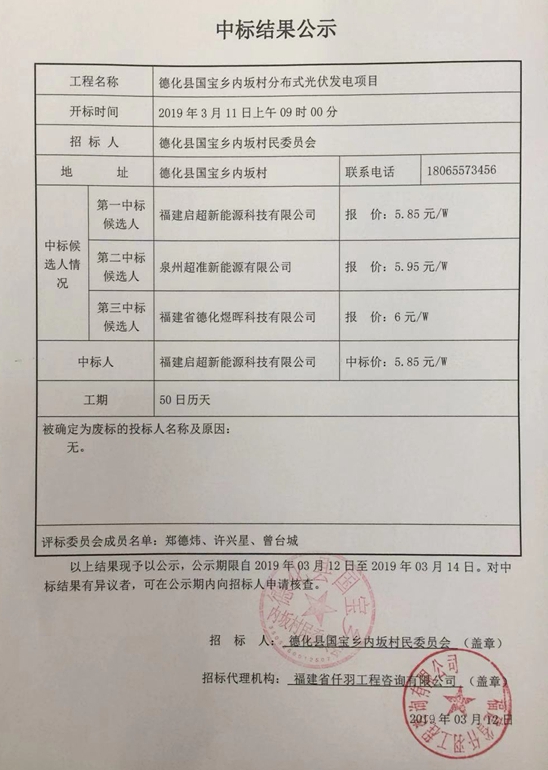 国宝乡内坂村分布式光伏发电项目中标结果公示 - 憨鼠网
