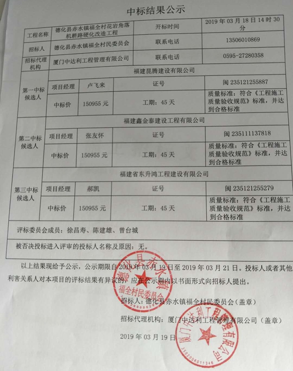 赤水镇福全村花岩角落机耕路硬化改造工程中标结果公示 - 憨鼠网
