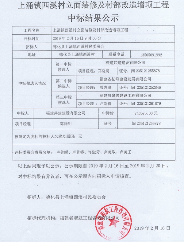 上涌镇西溪村立面装修及村部改造增项工程中标结果公示 - 憨鼠网
