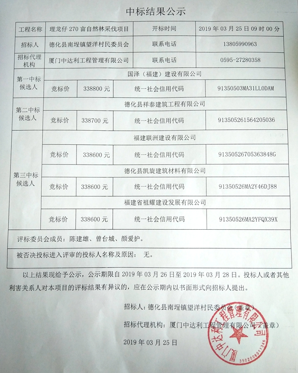 理龙仔270亩自然林采伐项目中标结果公示 - 憨鼠网