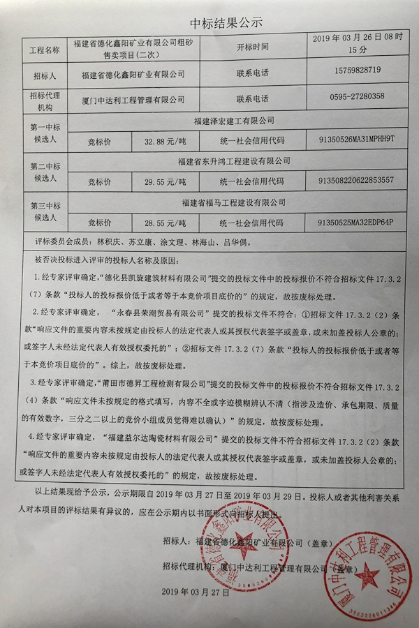 福建省德化鑫阳矿业有限公司粗砂售卖项目中标结果公示 - 憨鼠网