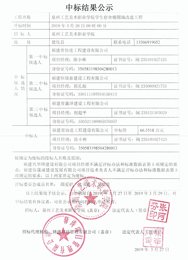泉州工艺美术职业学院学生宿舍楼围墙改造工程中标结果公示 - 憨鼠网