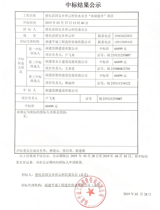 国宝乡祥云村饮水安全“补缺提升”项目中标结果公示 - 憨鼠网