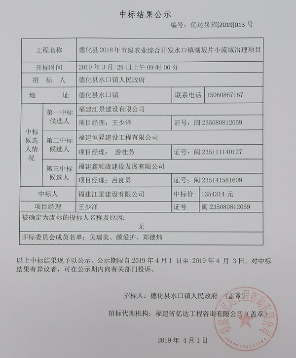 德化县2018年市级农业综合开发水口镇湖坂片小流域治理项目中标结果公示 - 憨鼠网