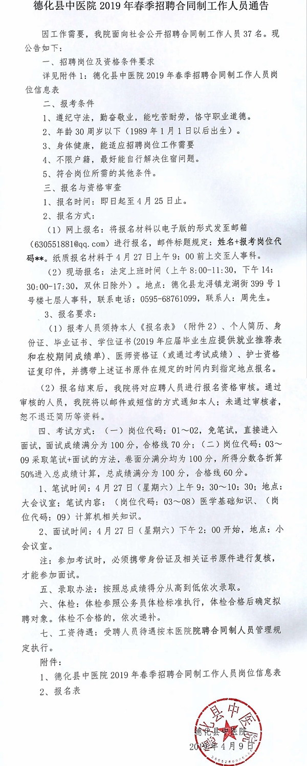 德化县中医院2019年春季招聘合同制工作人员通告 - 憨鼠网