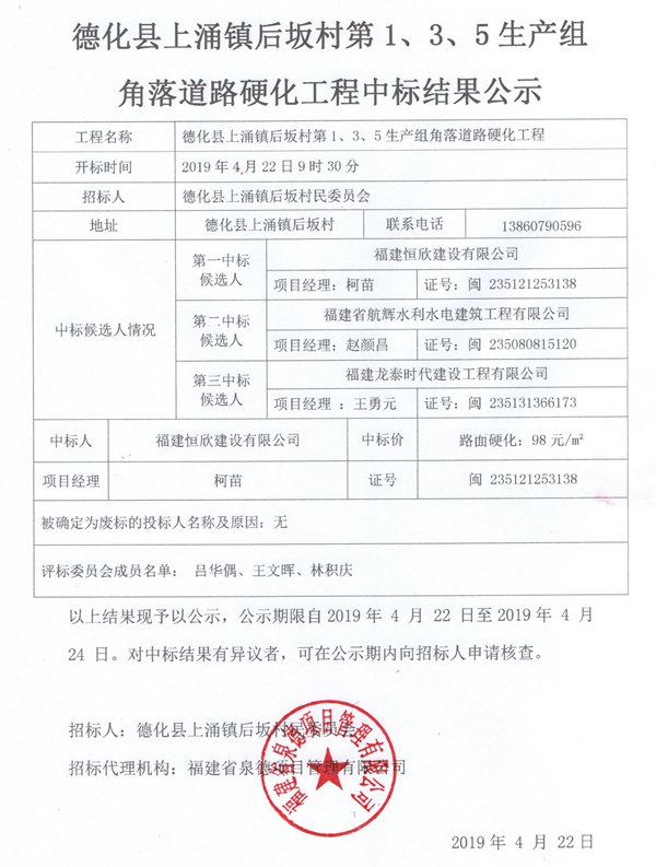 上涌镇后坂村第1、3、5生产组角落道路硬化工程中标结果公示 - 憨鼠网