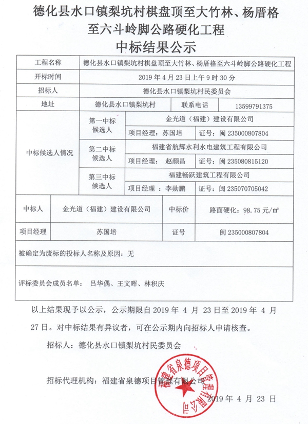 水口镇梨坑村棋盘顶至大竹林、杨厝格至六斗岭脚公路硬化工程中标结果公示 - 憨鼠网