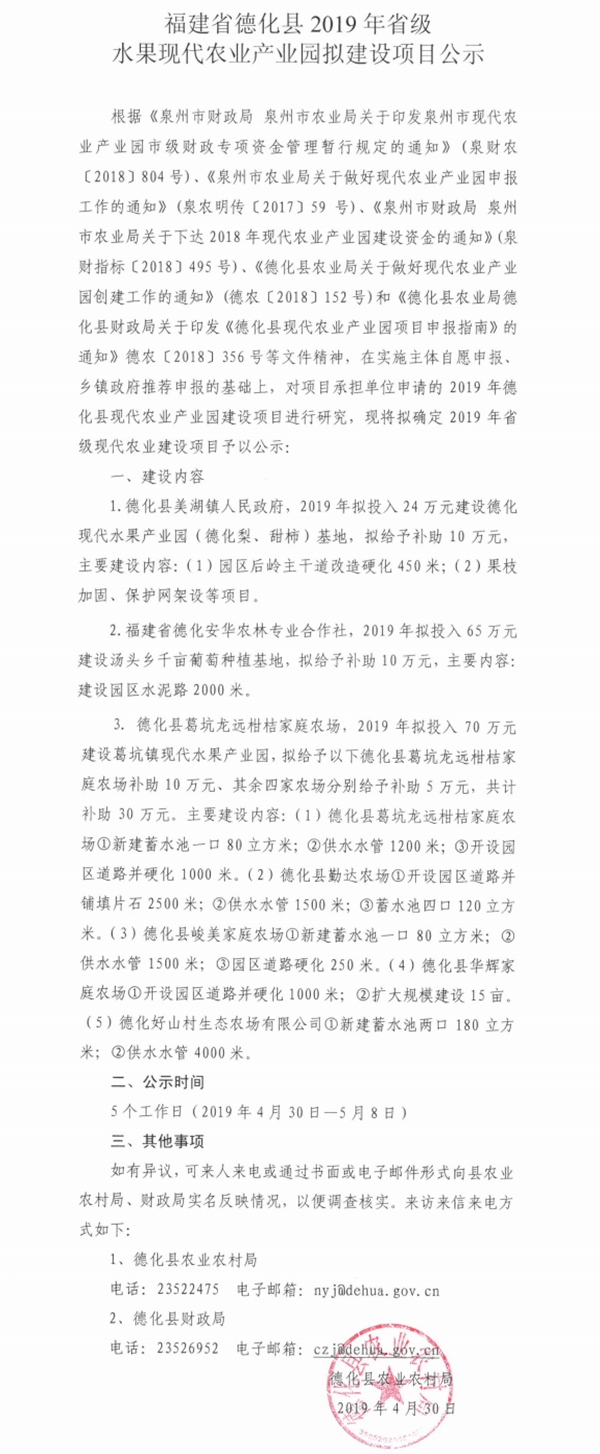 德化县2019年省级水果现代农业产业园拟建设项目公示 - 憨鼠网