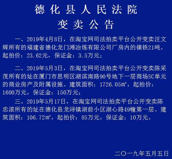 德化法院关于汪文辉名下镍铁的变卖通公告 - 憨鼠网