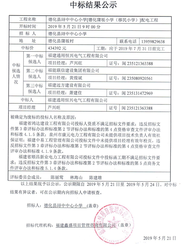 浔中中心小学[德化蒲坂小学（移民小学）]配电工程中标结果公示 - 憨鼠网