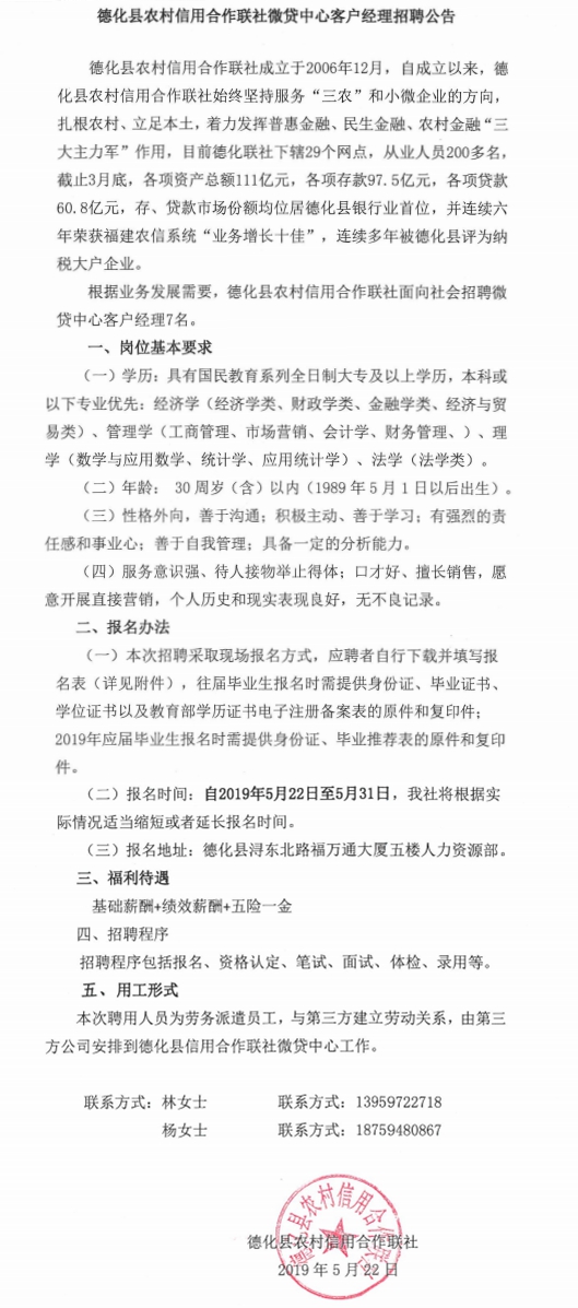 德化县农村信用合作联社微贷中心客户经理招聘公告 - 憨鼠网
