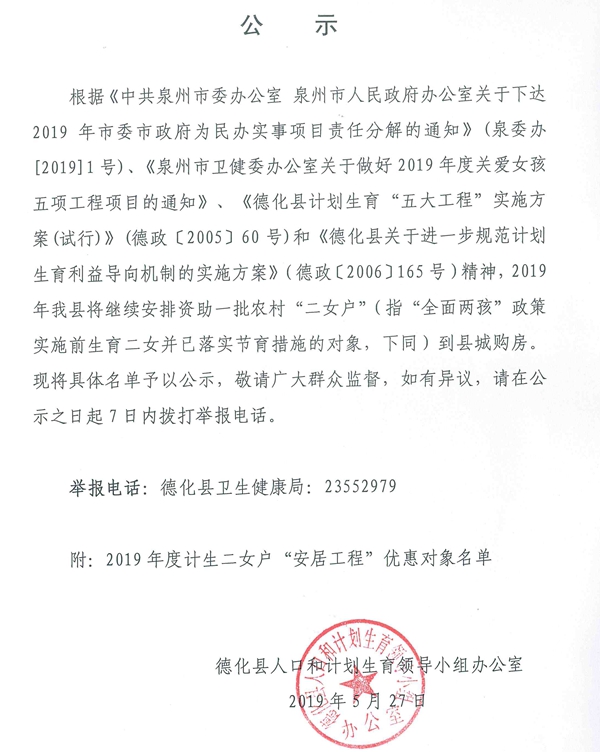 德化县2019年度计生二女户“安居工程”优惠对象名单公示 - 憨鼠网
