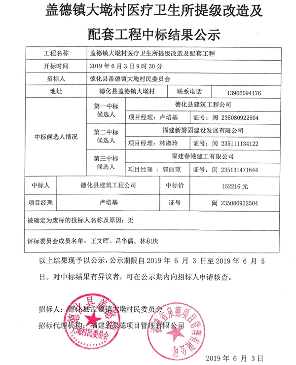 盖德镇大墘村医疗卫生所提级改造及配套工程中标结果公示 - 憨鼠网