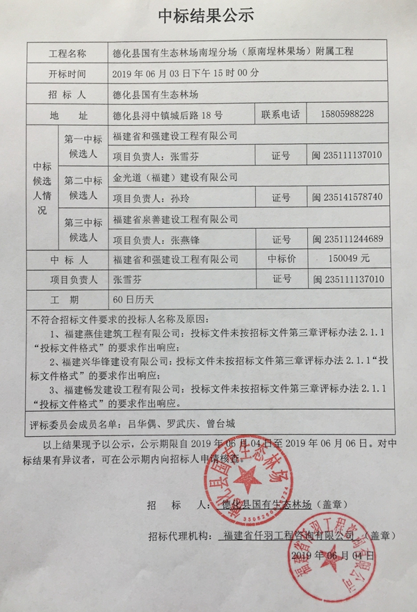 国有生态林场南埕分场（原南埕林果场）附属工程中标结果公示 - 憨鼠网