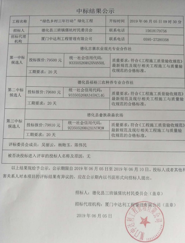 “绿色乡村三年行动”绿化工程中标结果公示 - 憨鼠网