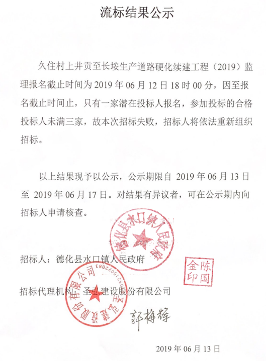久住村上井贡至长垵生产道路硬化续建工程（2019）监理流标结果公示 - 憨鼠网