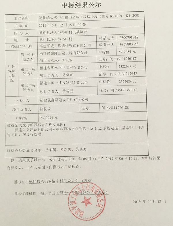 德化汤头格中至福山公路工程格中段（桩号K2+000～K4+200）中标结果公示 - 憨鼠网