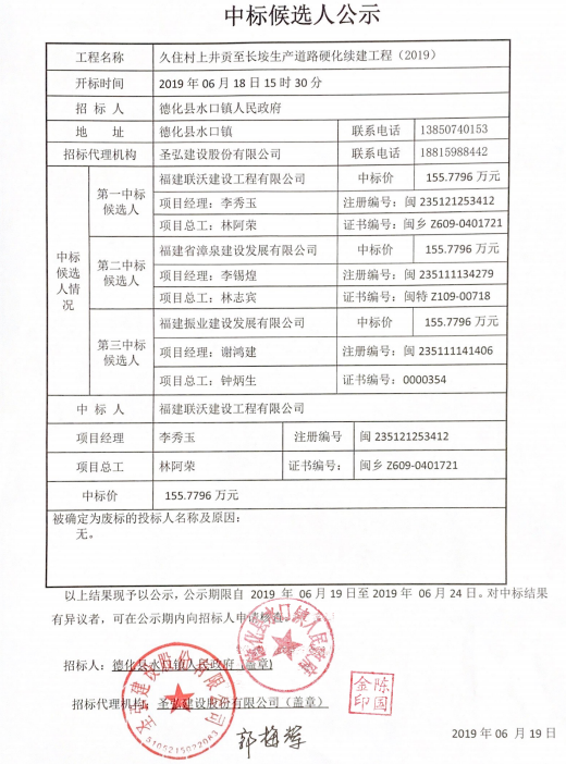 久住村上井贡至长垵生产道路硬化续建工程（2019）中标候选人公示 - 憨鼠网