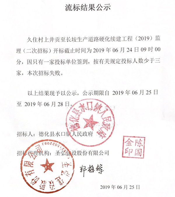久住村上井贡至长垵生产道路硬化续建工程（2019）监理（二次招标）流标结果公示 - 憨鼠网