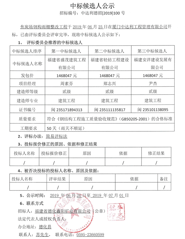 焦炭场钢构雨棚整改工程中标候选人公示 - 憨鼠网
