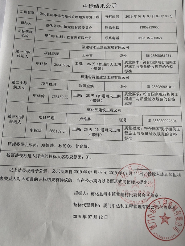 浔中镇龙翰村公路塌方修复工程中标结果公示 - 憨鼠网
