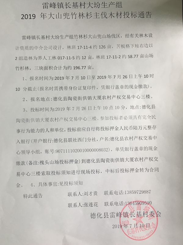 雷峰镇长基村大坋生产组2019年大山兜竹林杉主伐木材投标通告 - 憨鼠网
