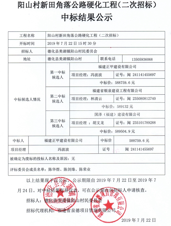 阳山村新田角落公路硬化工程二次招标中标结果公示 - 憨鼠网