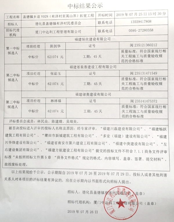 盖德镇乡道Y029（有济村至英山界）拓宽工程中标结果公示 - 憨鼠网