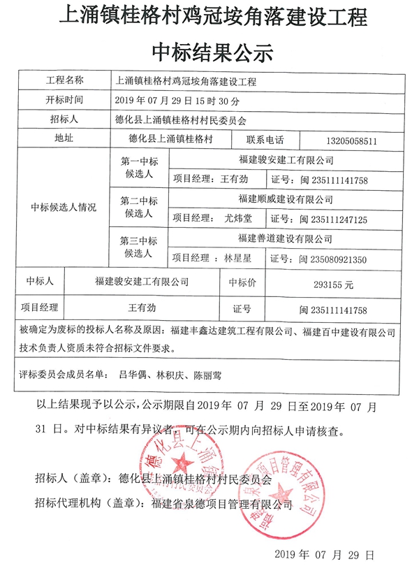 上涌镇桂格村鸡冠垵角落建设工程中标结果公示 - 憨鼠网