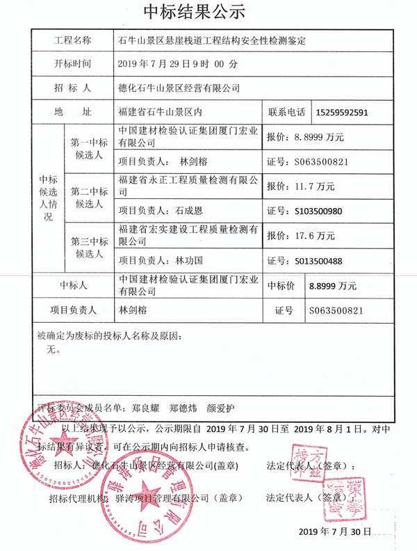石牛山景区悬崖栈道工程结构安全性检测鉴定中标结果公示 - 憨鼠网